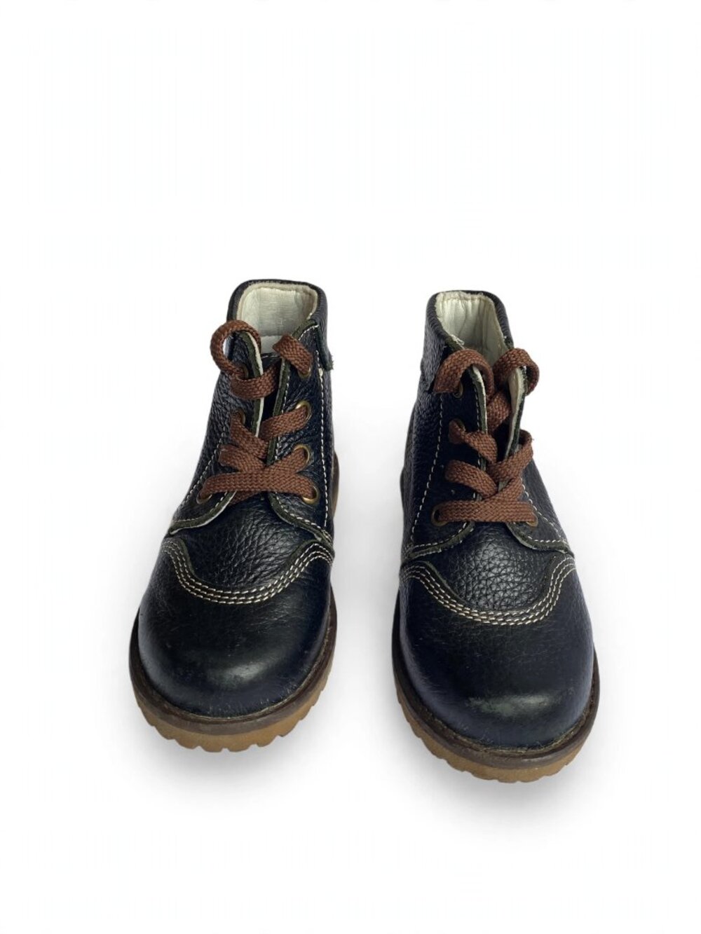 Mongolian Kids Black Leather Lace-Up Boots, Brown Laces, ~US 10.5–11 Little Kid